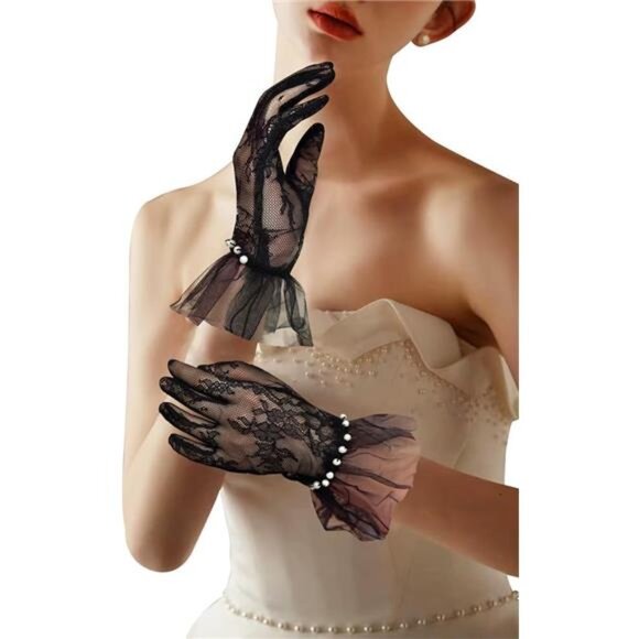 Short Lace Mesh Gloves Tulle Border with Pearls Wedding Opera Tea Party Gloves - Picture 1 of 6